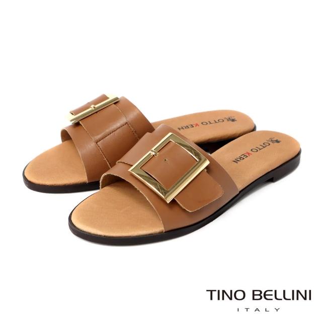 【TINO BELLINI 貝里尼】簡約金屬方釦寬帶平底涼拖鞋FSQO0002(棕)