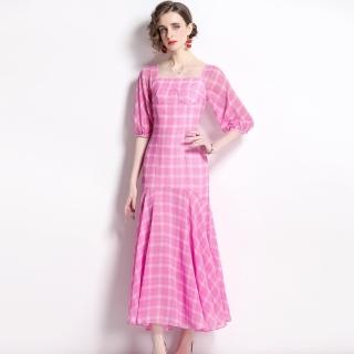 【M2M】現貨-玩美衣櫃甜美粉色格紋魚尾禮服洋裝S-2XL