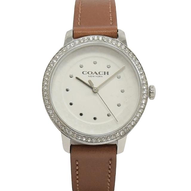 【COACH】專櫃款 簡約經典LOGO鑲鑽皮革石英腕錶(咖/銀)