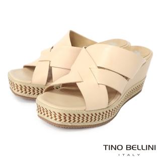 【TINO BELLINI 貝里尼】巴西進口牛皮寬帶交錯編織楔型涼拖鞋FSVO0002(米)