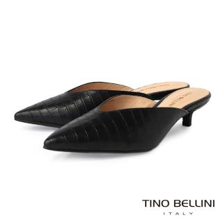 【TINO BELLINI 貝里尼】巴西進口牛皮壓紋修飾V口尖楦涼拖鞋FZ1T0001(黑)