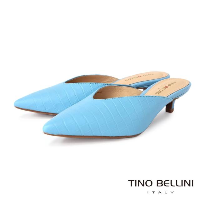 【TINO BELLINI 貝里尼】巴西進口牛皮壓紋修飾V口尖楦涼拖鞋FZ1T0001(淺藍)