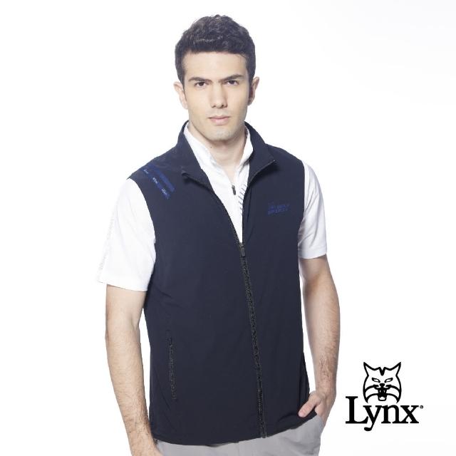 【Lynx Golf】男款造型配色織帶設計LOGO緹織網布剪接拉鍊口袋無袖背心(黑色)