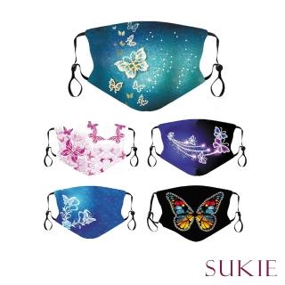 【Sukie】細緻閃耀蝴蝶印花水鑽燙印內層口袋可換濾片立體防塵口罩(多款任選)