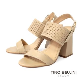 【TINO BELLINI 貝里尼】巴西進口簡約沖孔寬帶繫踝梯形跟涼鞋FSMT0015(米)