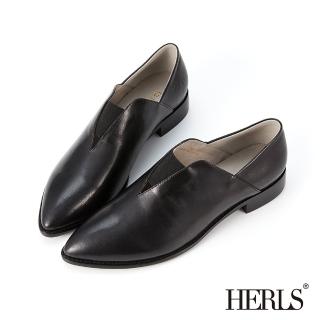 【HERLS】樂福鞋-全真皮鬆緊拼接V口尖頭低跟樂福鞋(黑色)