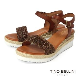 【TINO BELLINI 貝里尼】西班牙進口金蔥混織牛皮繫帶增高涼鞋FSOV0005(咖啡)