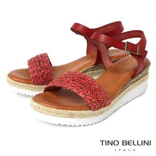 【TINO BELLINI 貝里尼】西班牙進口金蔥混織牛皮繫帶增高涼鞋FSOV0005(紅)