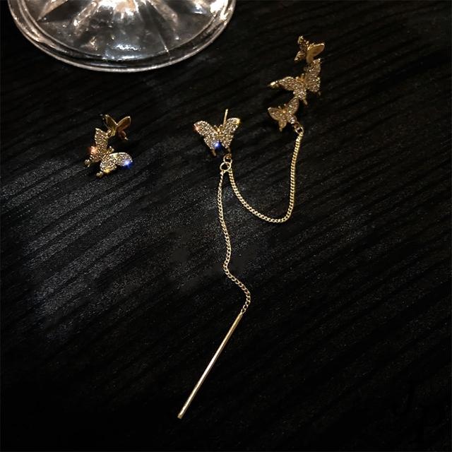 【Jpqueen】仙女蝴蝶垂墜針不對襯耳環(金色)