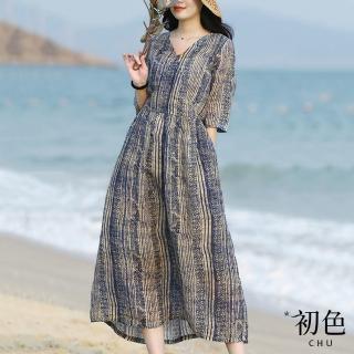 【初色】涼爽透氣棉麻風復古條紋寬鬆連身裙洋裝-藍色-61460(M-2XL可選)