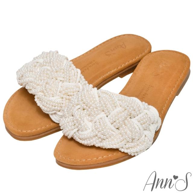 【Ann’S】水洗牛皮-訂製珍珠編織圓頭平底涼拖鞋(白)
