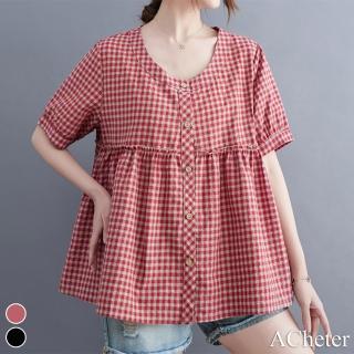【ACheter】夏季韓版格子寬鬆棉麻娃娃裝上衣#112324現貨+預購(2色)