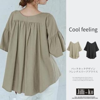 【JILLI-KO】買一送一 日韓風設計感大碼寬鬆荷葉落肩短袖上衣-F(黑/綠卡)