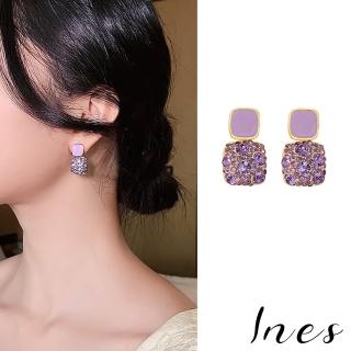 【INES】韓國設計S925銀針華麗閃耀美鑽方形彩釉造型耳環(S925銀針耳環 美鑽耳環 方形耳環)