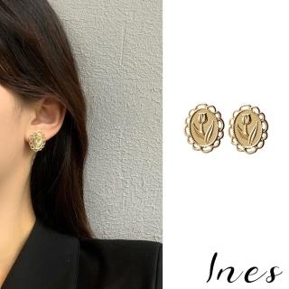 【INES】韓國設計S925銀針法式花邊鬱金香浮雕造型優雅耳環(S925銀針耳釘 浮雕耳釘 鬱金香耳釘)