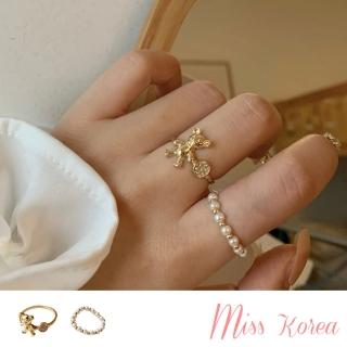 【MISS KOREA】韓國設計閃耀水鑽可愛小熊珍珠造型戒指2件套組(水鑽戒指 小熊戒指 珍珠戒指)