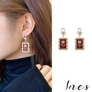 【INES】韓國設計S925銀針法式復古玫瑰幾何珍珠造型耳環(S925銀針耳環 玫瑰耳環 珍珠耳環)