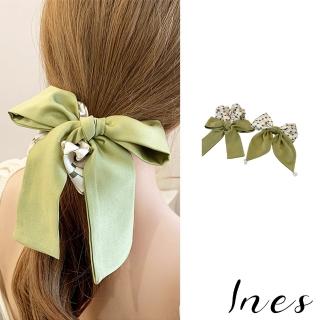 【INES】印花髮圈 蝴蝶結髮圈/韓國設計法式優雅印花緞面蝴蝶結造型髮圈 髮繩(3款任選)