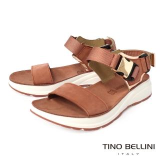 【TINO BELLINI 貝里尼】希臘進口運動風牛皮拼接織帶舒適厚底涼鞋FSJO0002(棕)