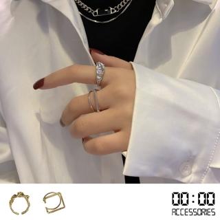 【00:00】幾何戒指 線條戒指/韓國設計潮流復古幾何線條金屬塊造型開口戒2件式戒指套組(2色任選)