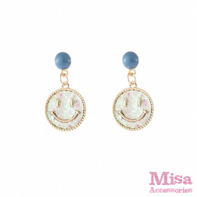 【MISA】韓國設計S925銀針可愛亮片笑臉滴釉造型耳環(S925銀針耳環 亮片耳環 笑臉耳環)