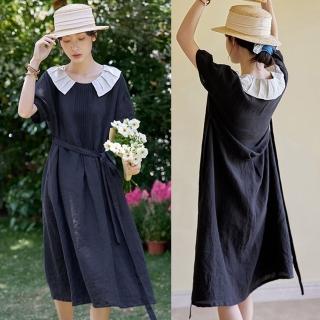 【設計所在】法國細膩亞麻小黑裙洋裝復古長裙 Q220388(S-L可選)