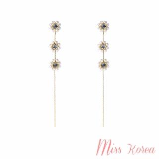 【MISS KOREA】韓國設計S925銀針花朵珍珠水鑽長耳環(S925銀針耳環 珍珠耳環 水鑽耳環)