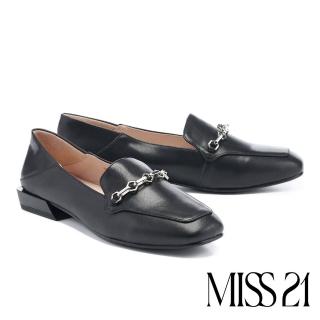 【MISS 21】經典個性金屬鏈條全真皮方頭樂福低跟鞋(黑)