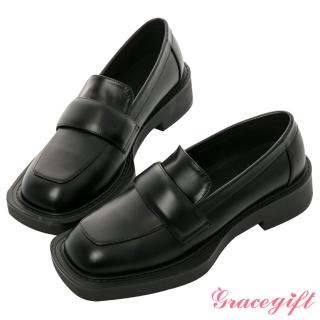 【Grace Gift】立體感條帶加厚底樂福鞋(黑)