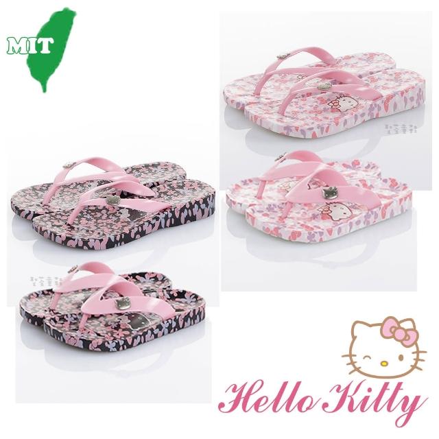 【SANRIO 三麗鷗】Hello Kitty 15~24cm小碎花輕量休閒親子夾腳拖鞋(粉&黑色)