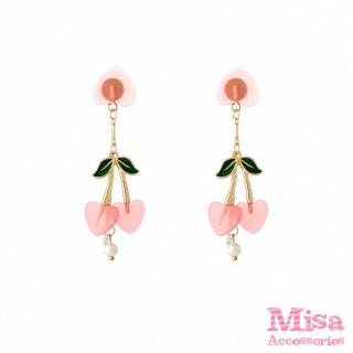 【MISA】韓國設計S925銀針粉色愛心壓克力櫻桃流蘇可愛造型耳環(S925銀針耳環 愛心耳環 流蘇耳環)