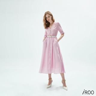 【iROO】粉紫排釦棉感長洋裝