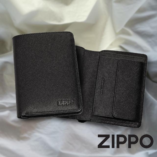 【Zippo官方直營】黑色十字壓紋雙折皮夾-直立款(皮件皮夾)