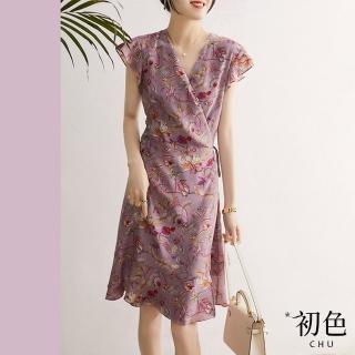 【初色】抽繩繫帶圍裹式V領連身裙洋裝-灰紫印花-61586(M-XL可選)