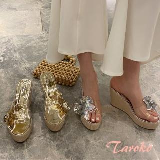 【Taroko】仙氣水晶花透明夏季一字厚底坡跟拖鞋(2色可選)