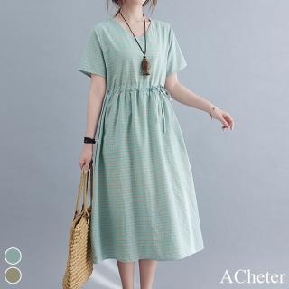 【ACheter】夏季文藝復古短袖V領系帶顯瘦棉麻格子洋裝#112369現貨+預購(2色)