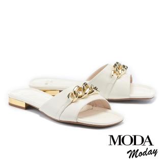【MODA Moday】華麗質感鍊條牛皮方頭低跟拖鞋(白)