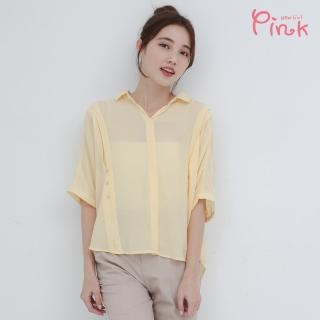 【PINK NEW GIRL】短後長透膚五分袖薄上衣 I3212ED(黃色/白色)