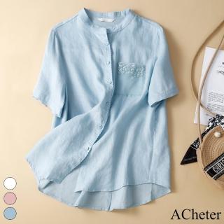 【ACheter】新款棉麻寬鬆繡花純色襯衫上衣#112629現貨+預購j(3色)