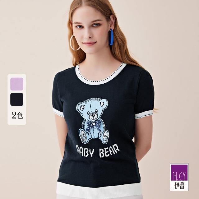【ILEY 伊蕾】俏皮小熊字母緹花針織上衣1221405016(深藍/淺紫)