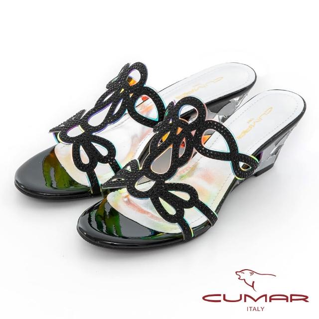 【CUMAR】鏤空排鑽馬賽克透明楔型涼拖鞋(黑色)