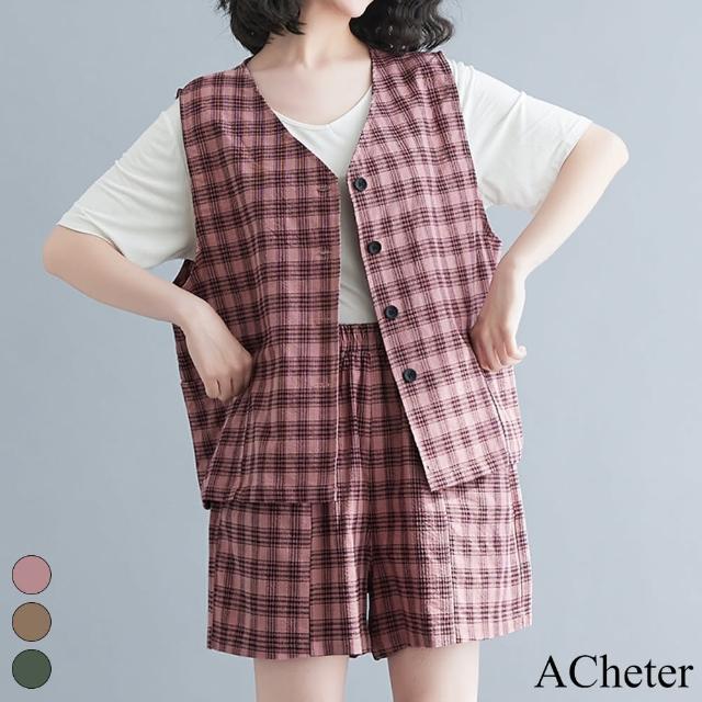 【ACheter】時髦減齡格子寬鬆背心短褲2件套裝#112438現貨+預購(3色)