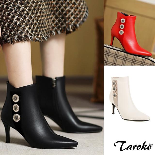 【Taroko】質感印象尖頭水鑽細高跟女短靴(3色可選)