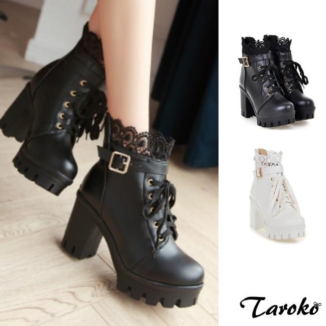 【Taroko】性感女神蕾絲粗高跟女馬丁靴(2色可選)
