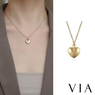 【VIA】時尚系列 立體愛心十字美鑽鑲嵌造型白鋼項鍊(白鋼項鍊 愛心項鍊 美鑽項鍊)