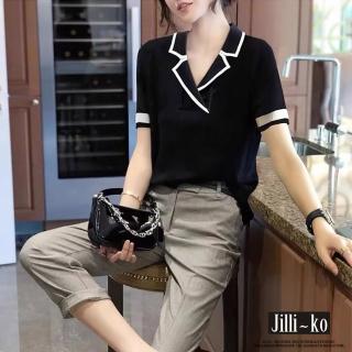 【JILLI-KO】買一送一 小西領時尚感氣質撞色寬鬆針織衫-F(黑)