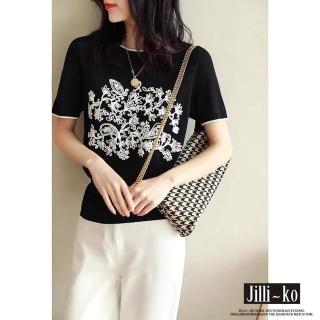 【JILLI-KO】買一送一 緹花刺繡感時尚氣質顯瘦圓領薄款針織衫-F(黑/白)