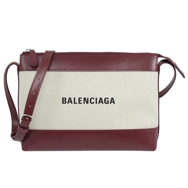 【Balenciaga 巴黎世家】簡約經典英文LOGO牛皮帆布拼接方包斜背包(米/酒紅)
