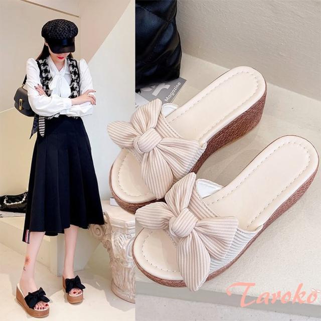 【Taroko】天使蝴蝶結夏季坡跟一字拖鞋(2色可選)