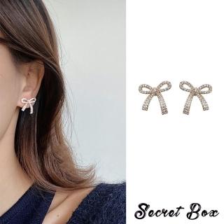 【SECRET BOX】韓國設計925銀針華麗水鑽蝴蝶結玫瑰金耳環(925銀針耳環 水鑽耳環 蝴蝶結耳環)